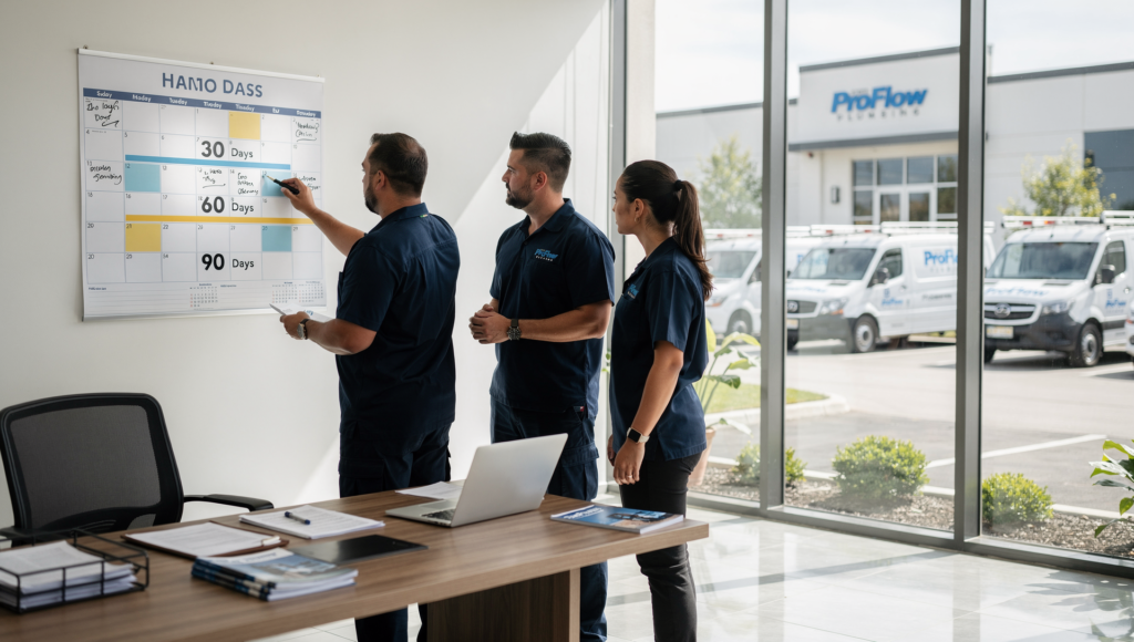 Plumbing team mapping out 30-60-90 day SMART goals on a wall calendar