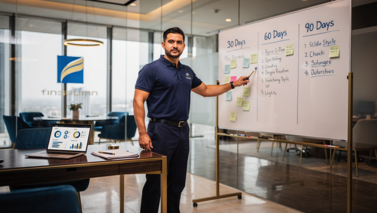 Plumber reviewing 30-60-90 day SMART goals plan for business growth