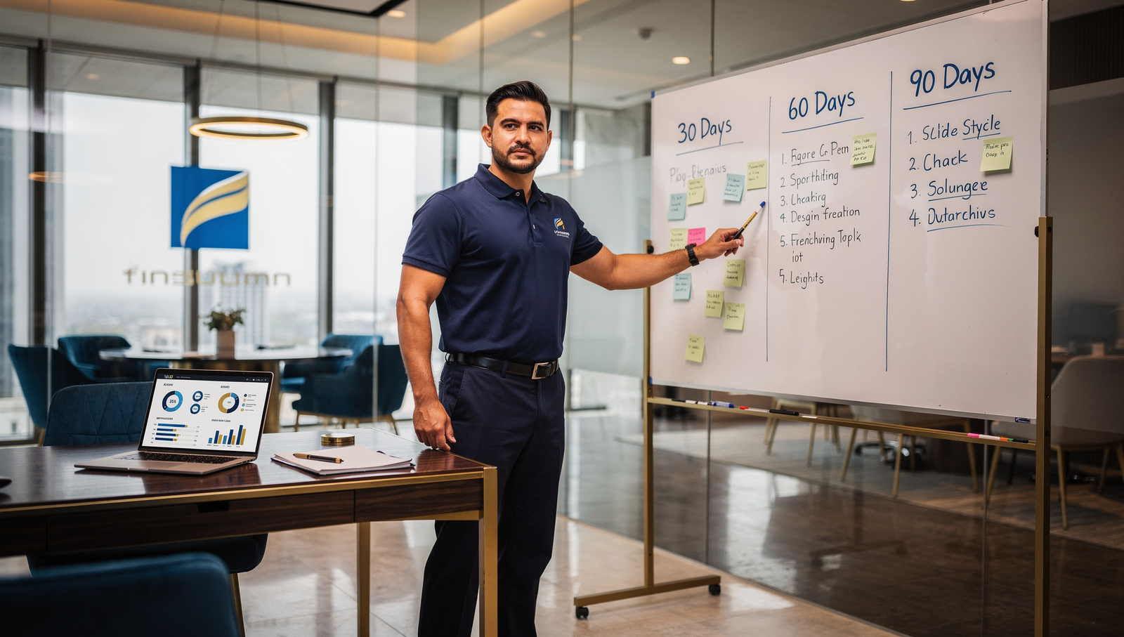 Plumber reviewing 30-60-90 day SMART goals plan for business growth