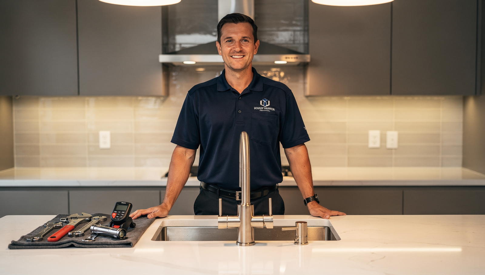 Plumber in a modern kitchen representing premium plumbing services