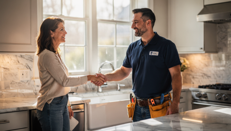 Customer leaving a Google review for a plumbing company after service