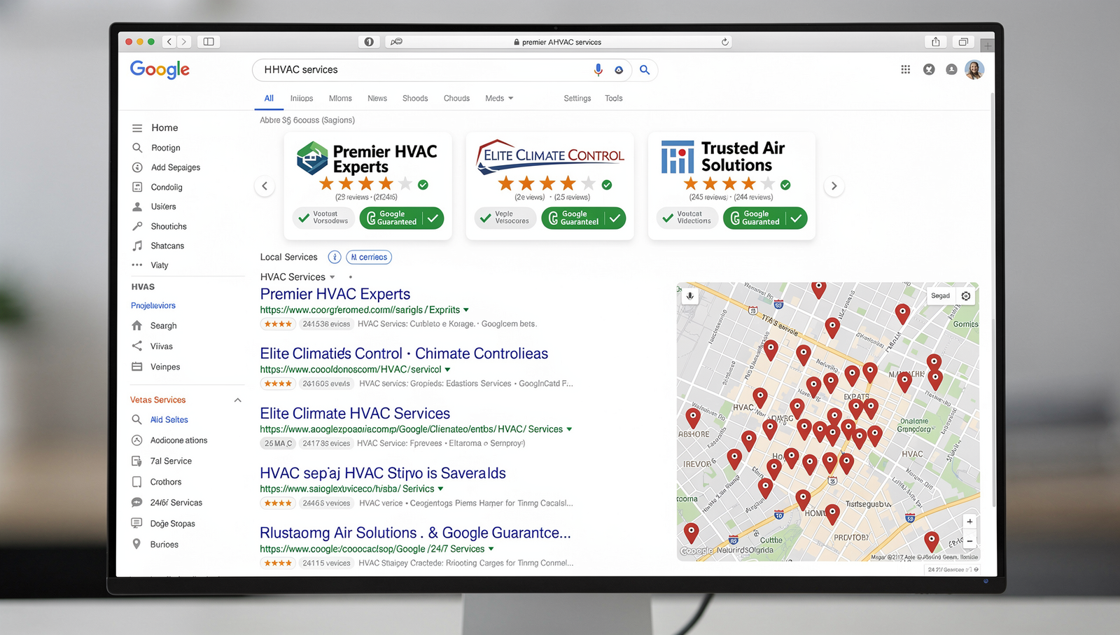 Google local search results showing HVAC businesses with ratings and map pins