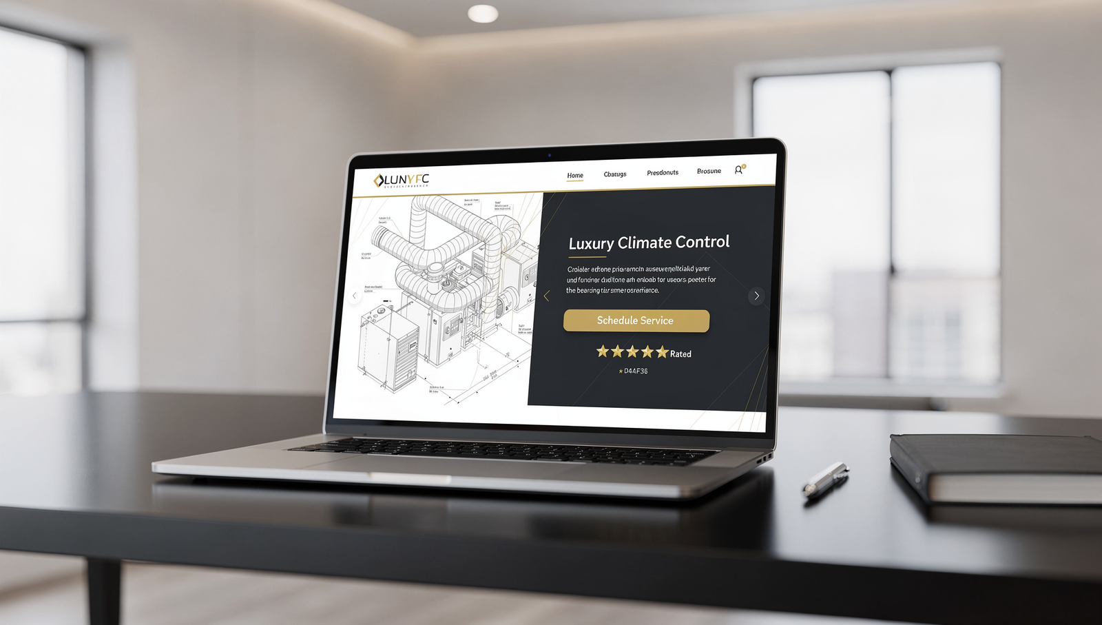 Luxury HVAC website design on laptop with call button and reviews