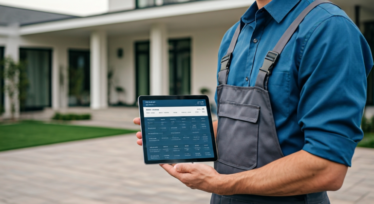 HVAC technician holding tablet showing booked jobs and revenue