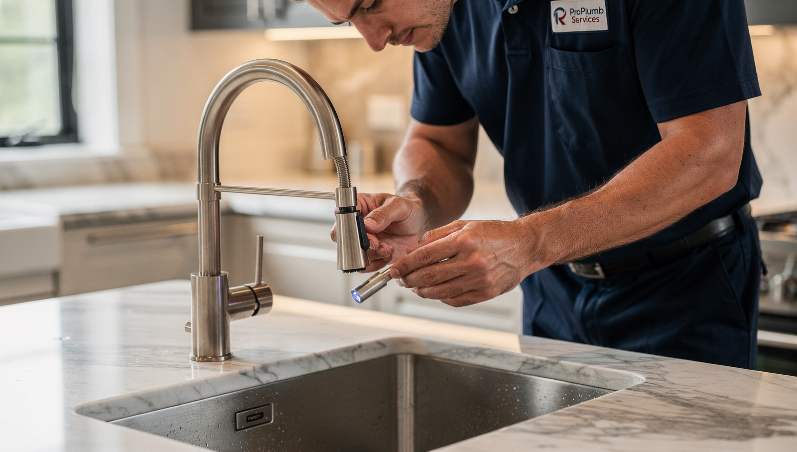 Plumber in branded uniform repairing a luxury kitchen sink