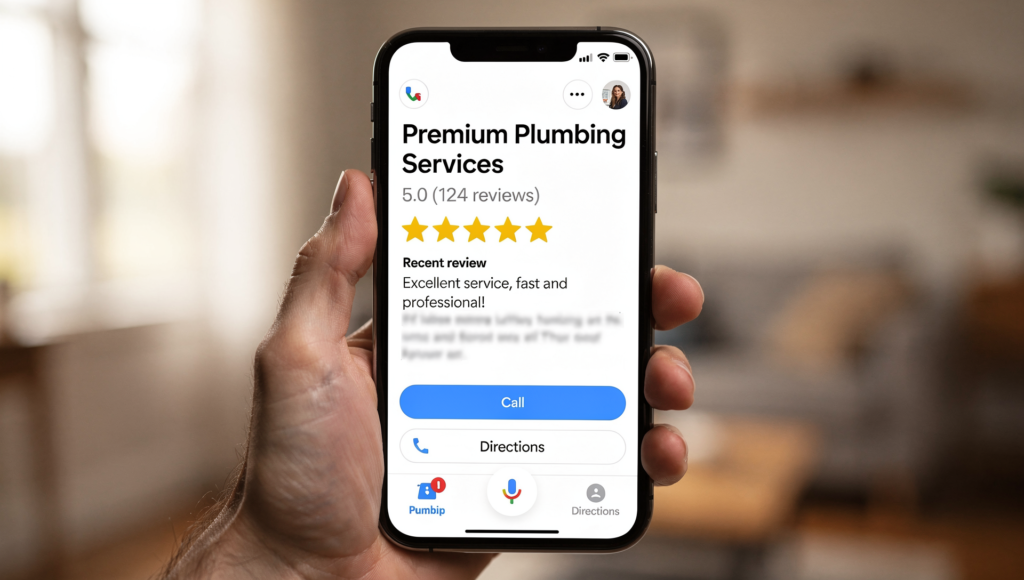 Homeowner viewing strong plumbing reviews on a phone