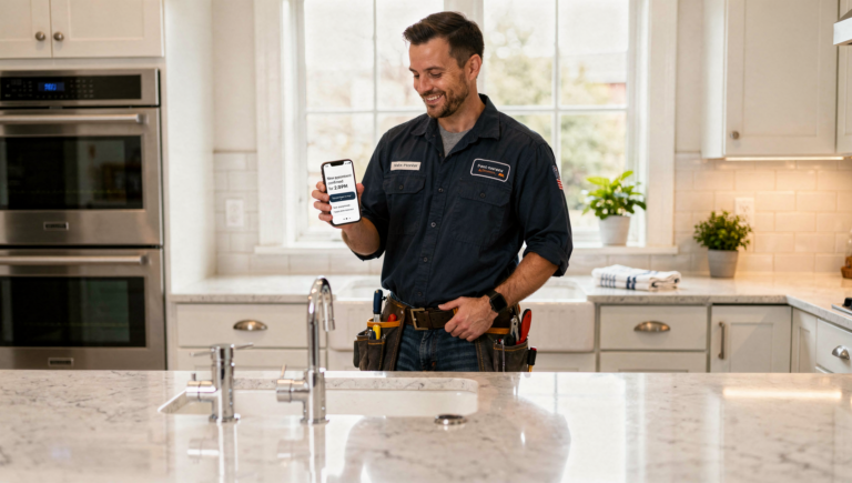Plumber viewing automated customer service texts and confirmations