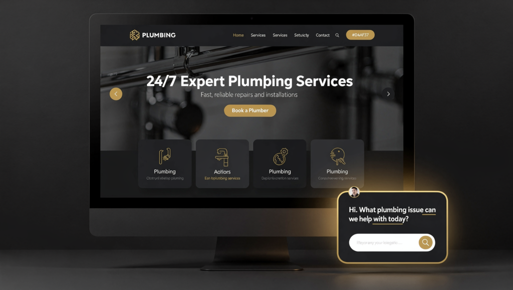 Plumbing website homepage with AI chat intake for service requests