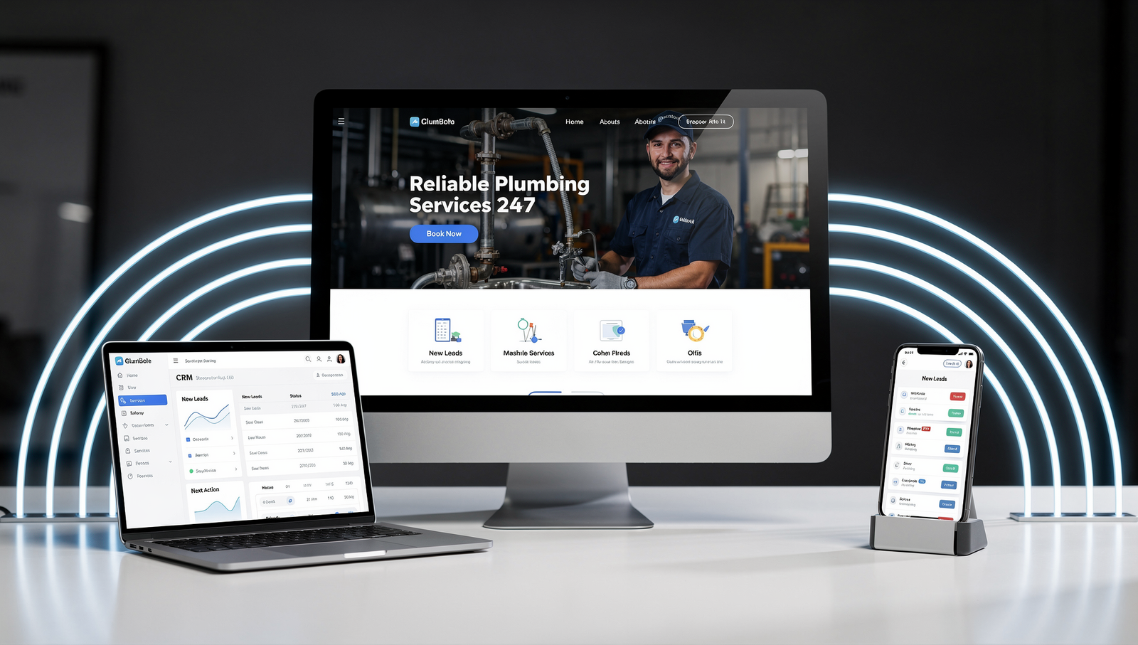 Plumbing website connected to CRM on multiple devices