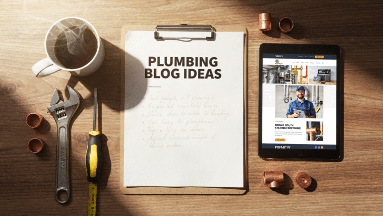 Overhead view of plumbing content plan with tools and tablet on desk