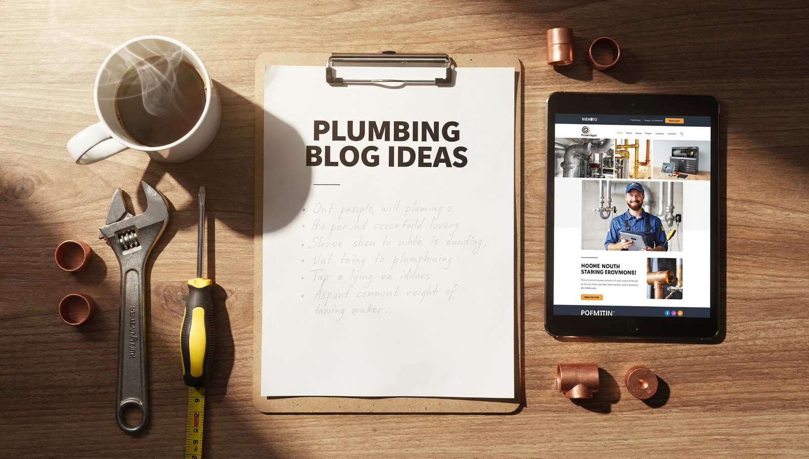 Overhead view of plumbing content plan with tools and tablet on desk