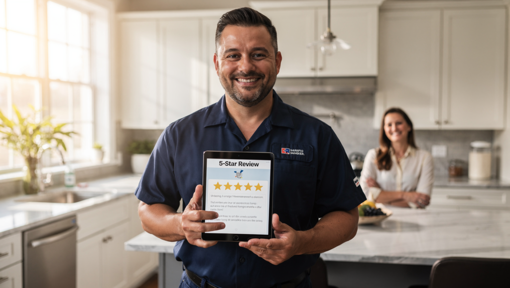 Plumber showing five star online reviews on tablet after successful job