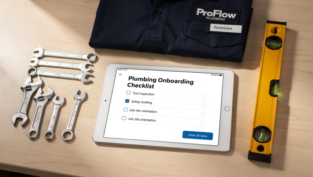 Digital onboarding checklist with plumbing tools and uniform on workbench