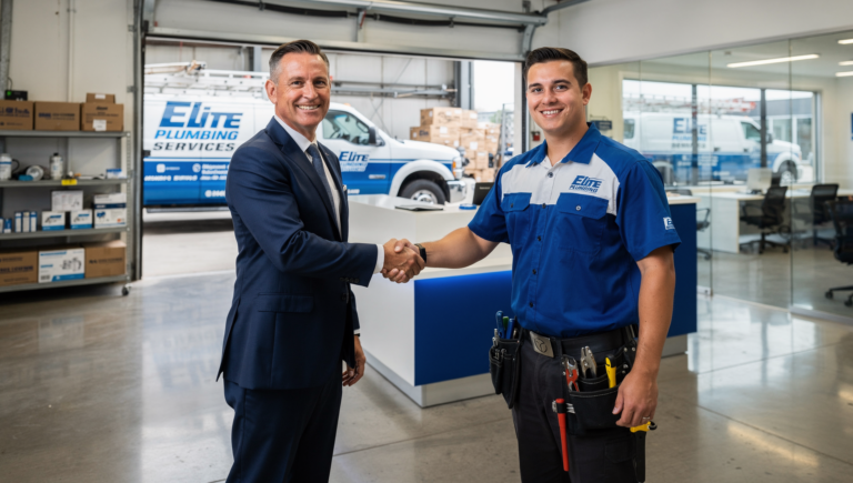 Plumbing business owner welcoming a new plumber hire in front of company trucks