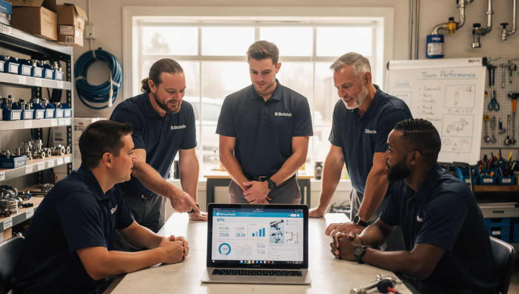Plumbing team watching training video together during onboarding meeting