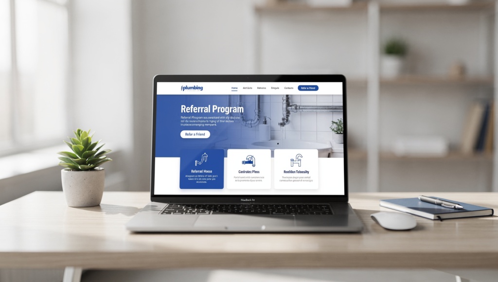 Plumbing website featuring a referral program section designed to drive more calls