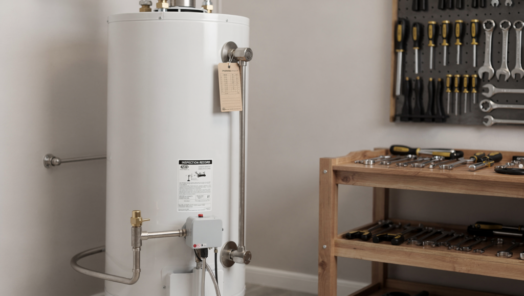 Water heater inspection setup representing a plumbing maintenance agreement plan