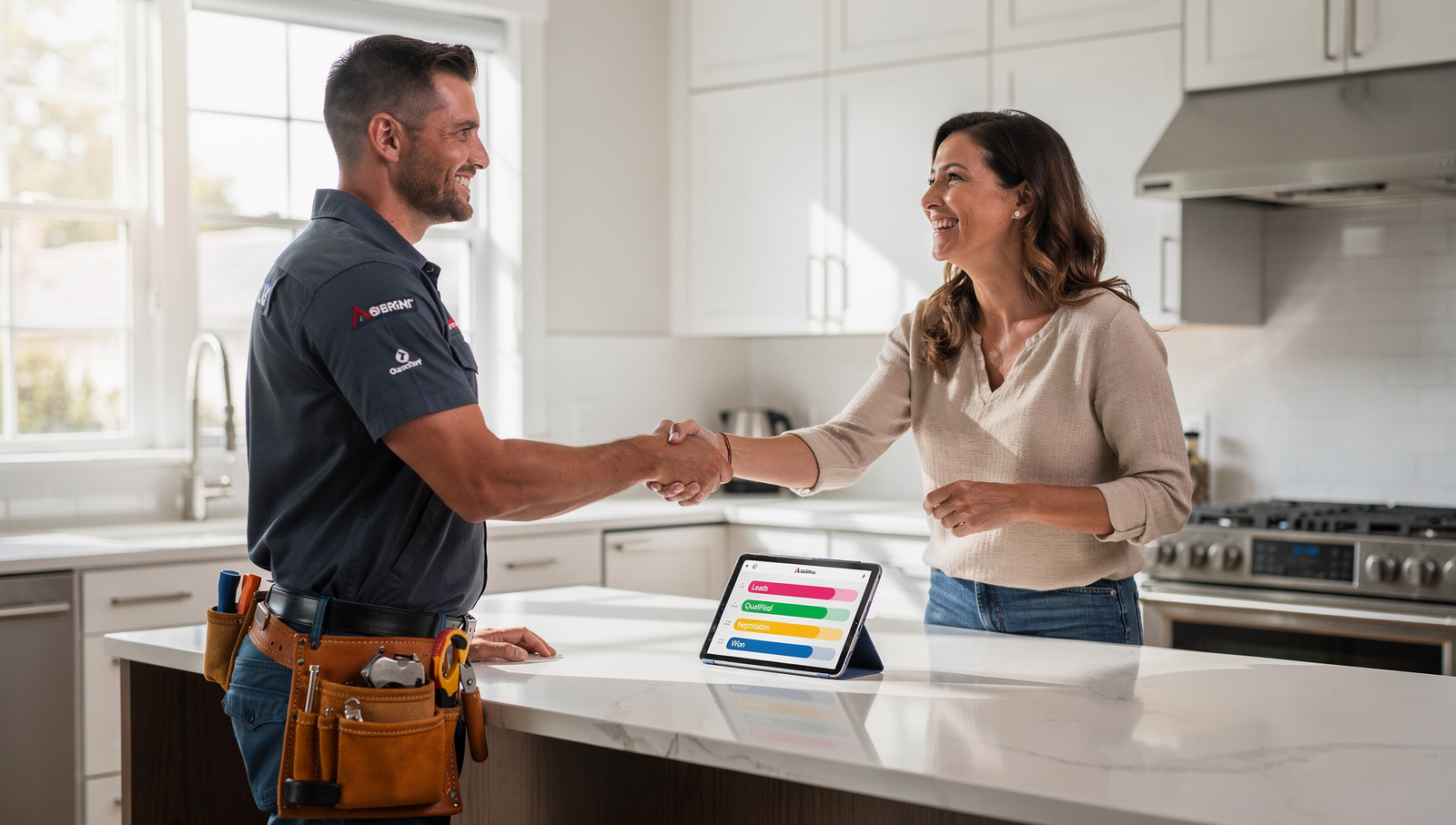 Plumber closing a job using clear sales pipeline process