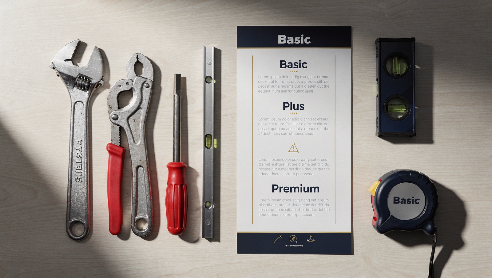 Plumbing tools next to a printed tiered pricing menu for service packages