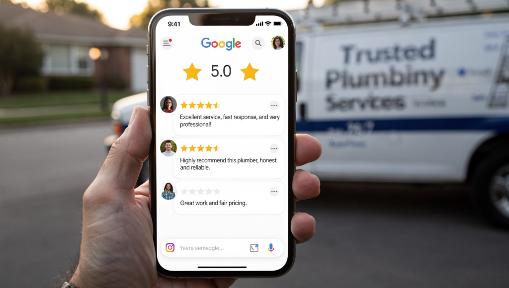 Phone showing Google reviews with plumber truck behind