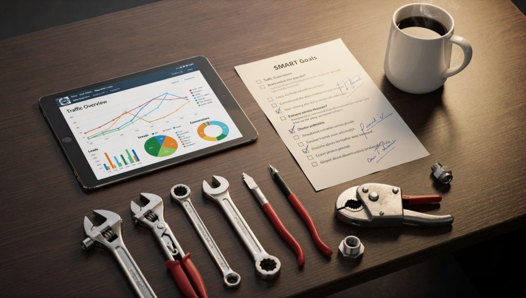 SMART goals checklist and website analytics for a growing plumbing company