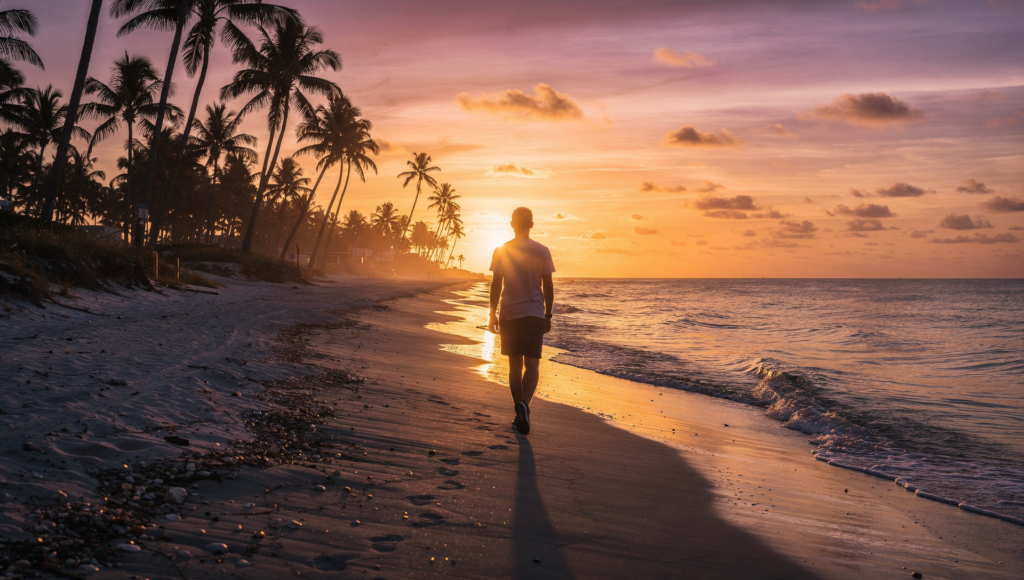 Reflective realtor walk along a Florida coastal path at sunset