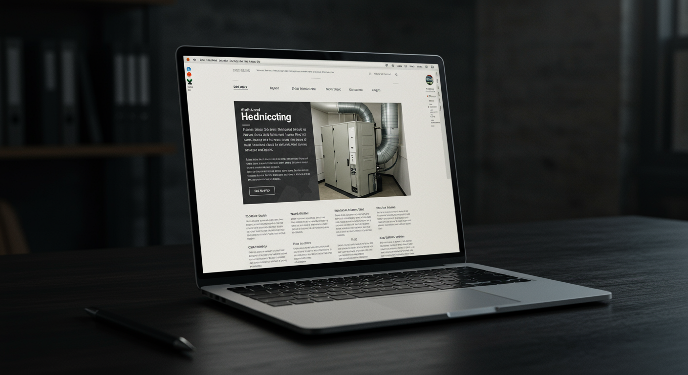 Laptop displaying an HVAC blog post with a call-to-action button.