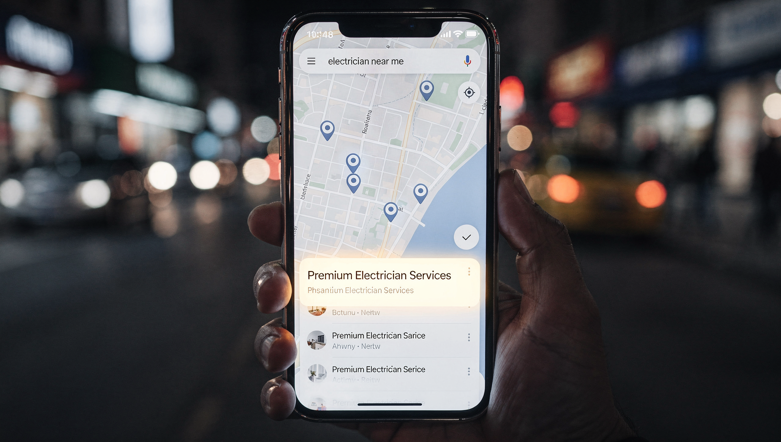 Phone displaying Google Maps results for a local electrician search