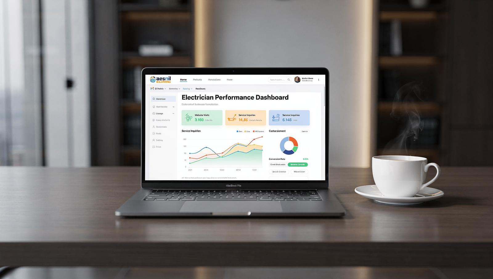 Website analytics on a laptop showing growth for an electrician business