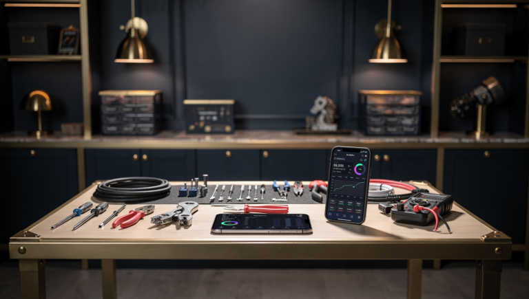 Electrician reviewing social media results on a smartphone in a modern workspace