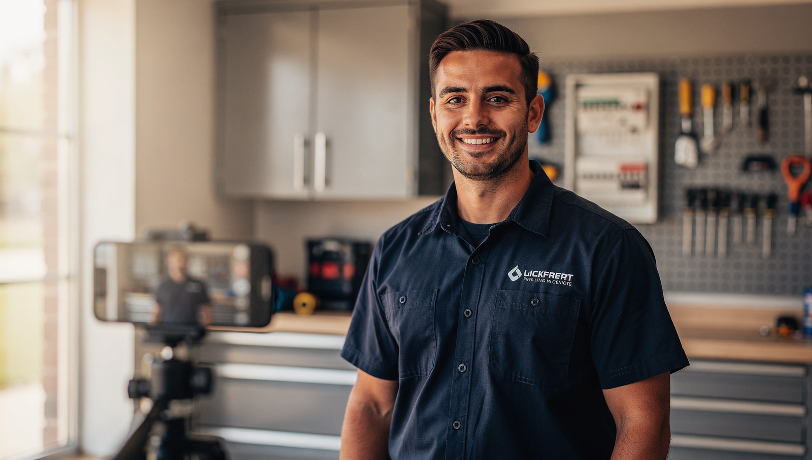 Electrician recording a short social media video tip in a residential setting