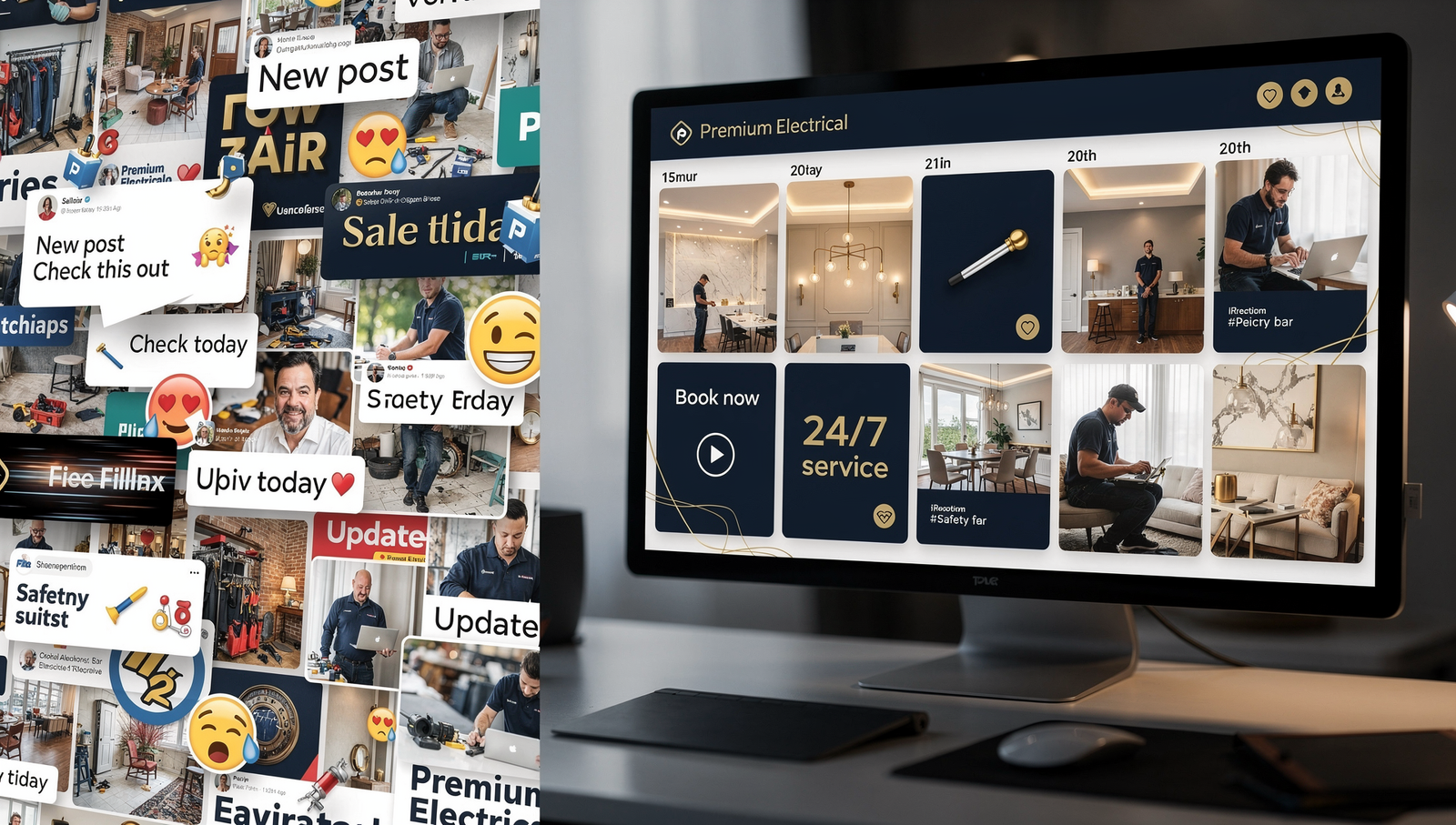 Comparison of inconsistent posting versus a professional electrician social media plan