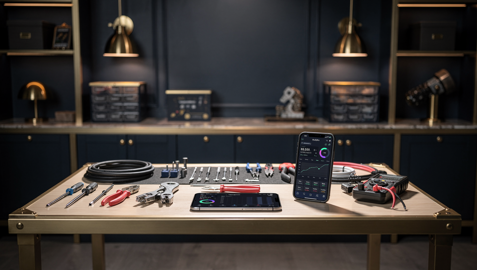 Electrician reviewing social media results on a smartphone in a modern workspace
