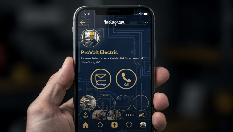 Smartphone showing an electrician social media profile with DMs turning into calls