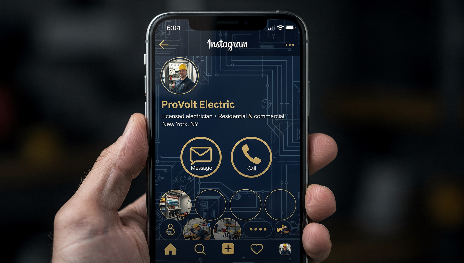 Smartphone showing an electrician social media profile with DMs turning into calls
