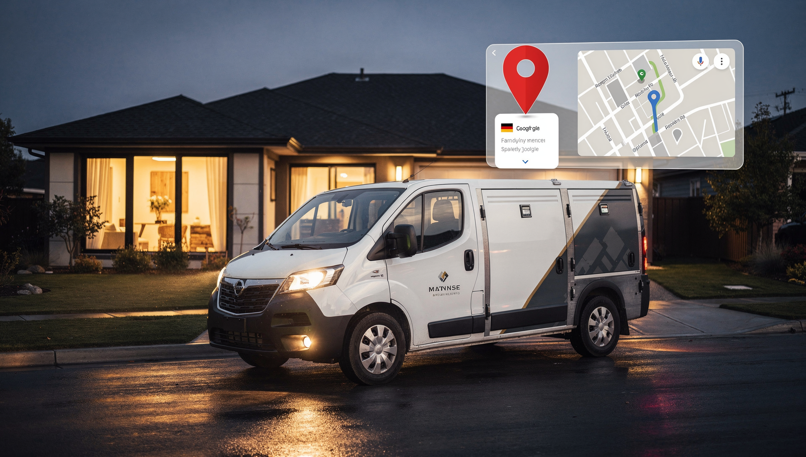 Electrician van with a Google map pin representing local SEO visibility