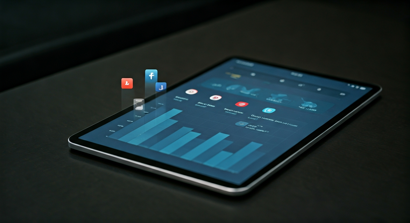 HVAC social media analytics on a technician tablet with platform icons.