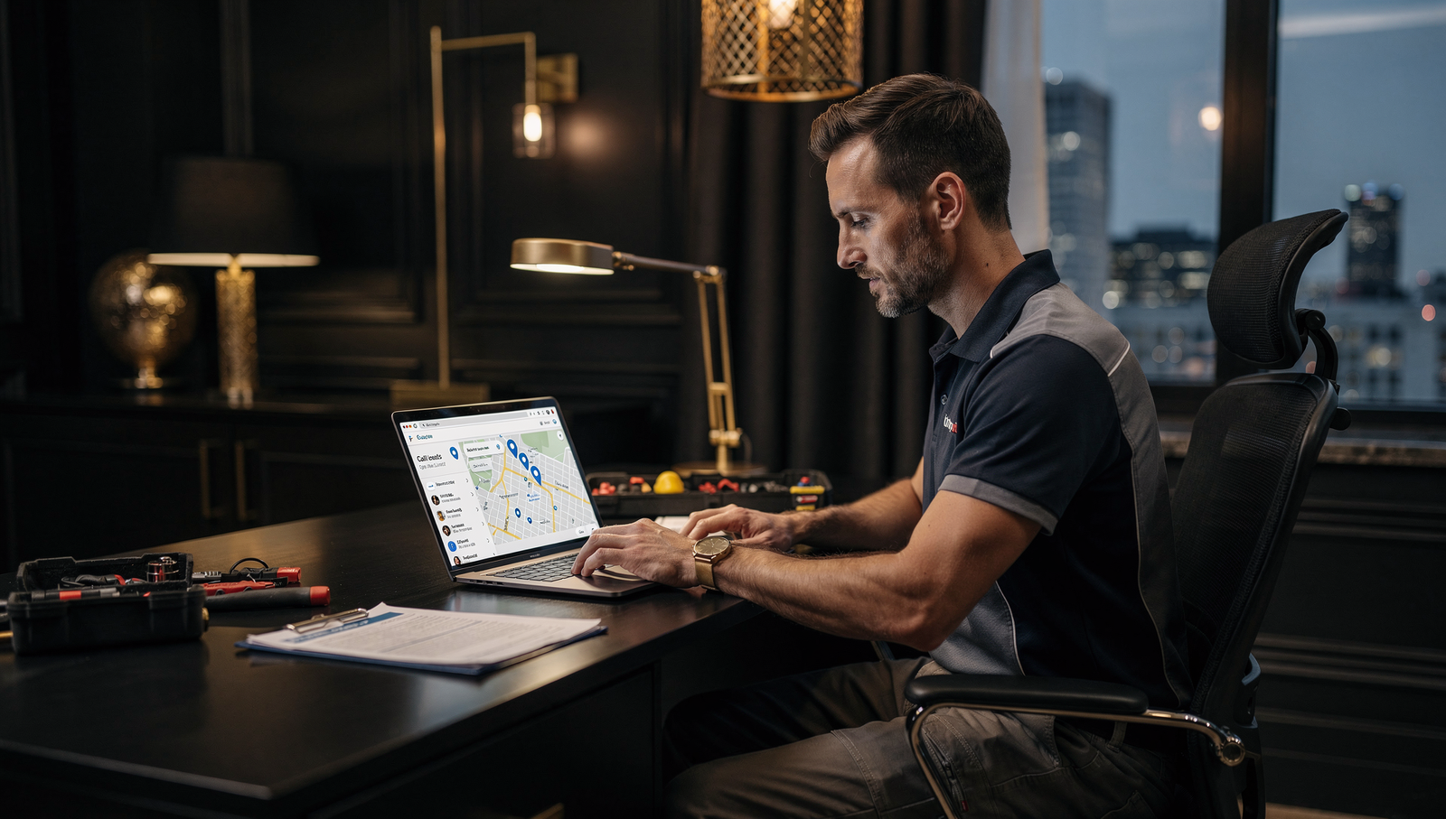 Electrician business owner viewing local SEO map rankings and leads