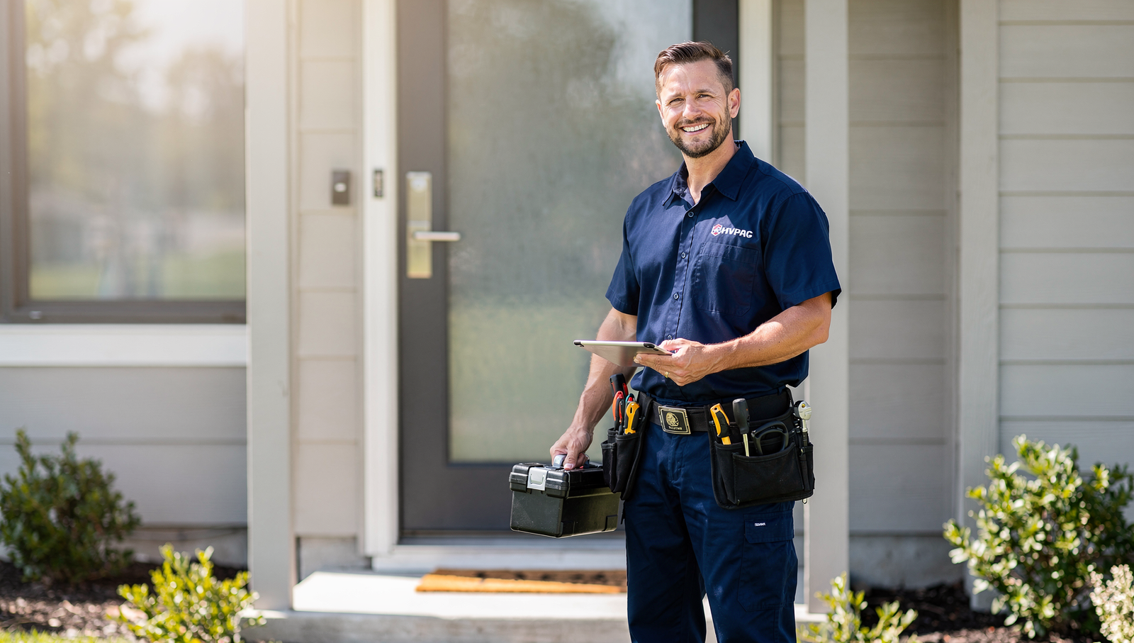 HVAC technician arriving at a modern home for service