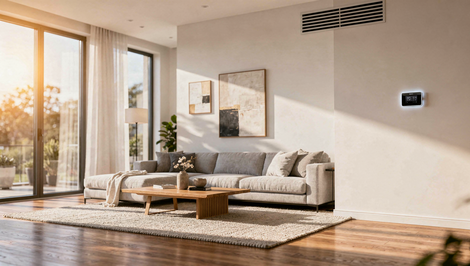 Luxury living room with smart thermostat and clean HVAC design