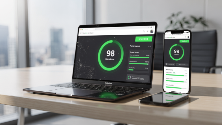 Website speed test showing fast loading performance on desktop and mobile