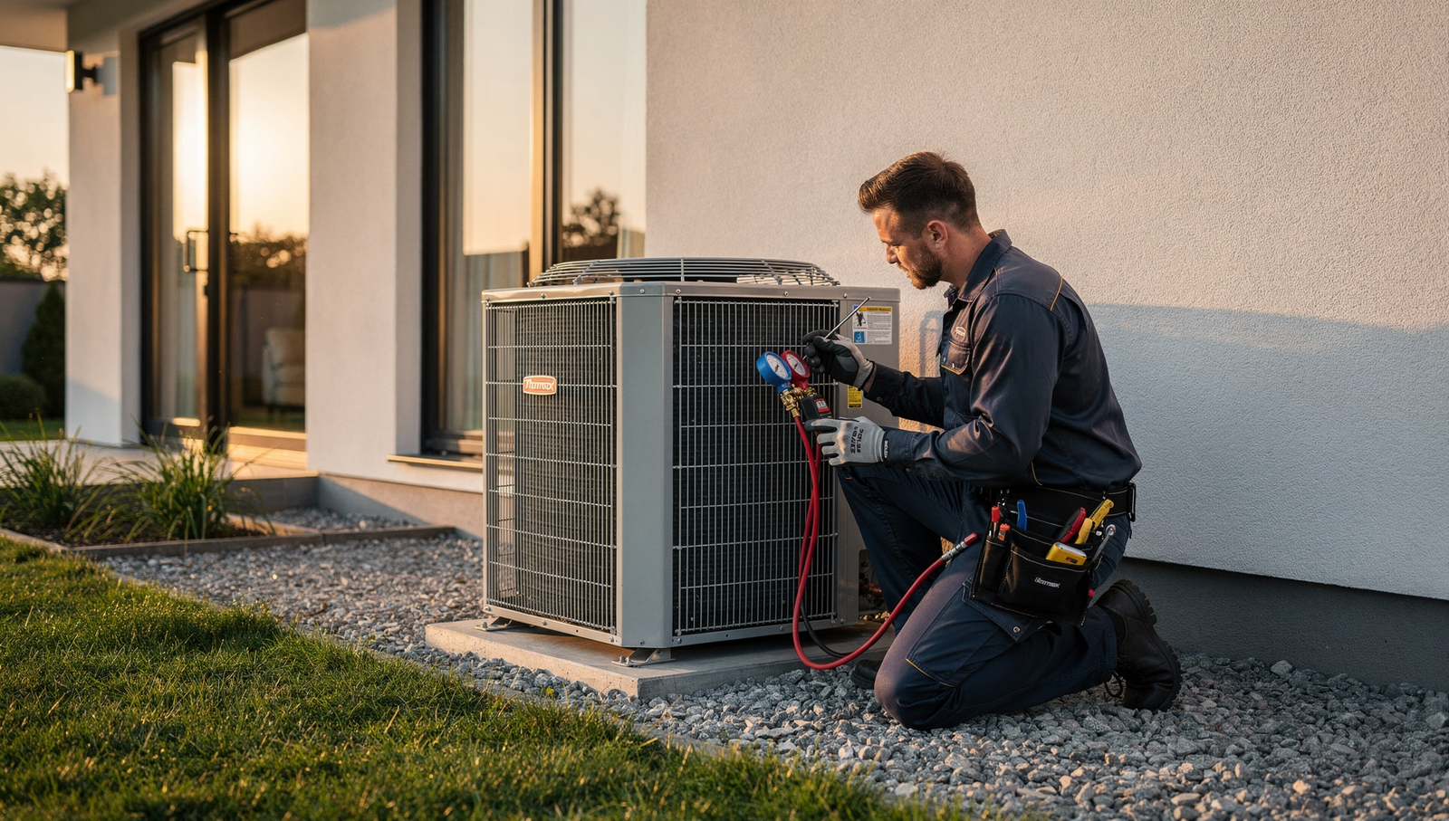 HVAC technician inspecting an AC unit outside a modern home