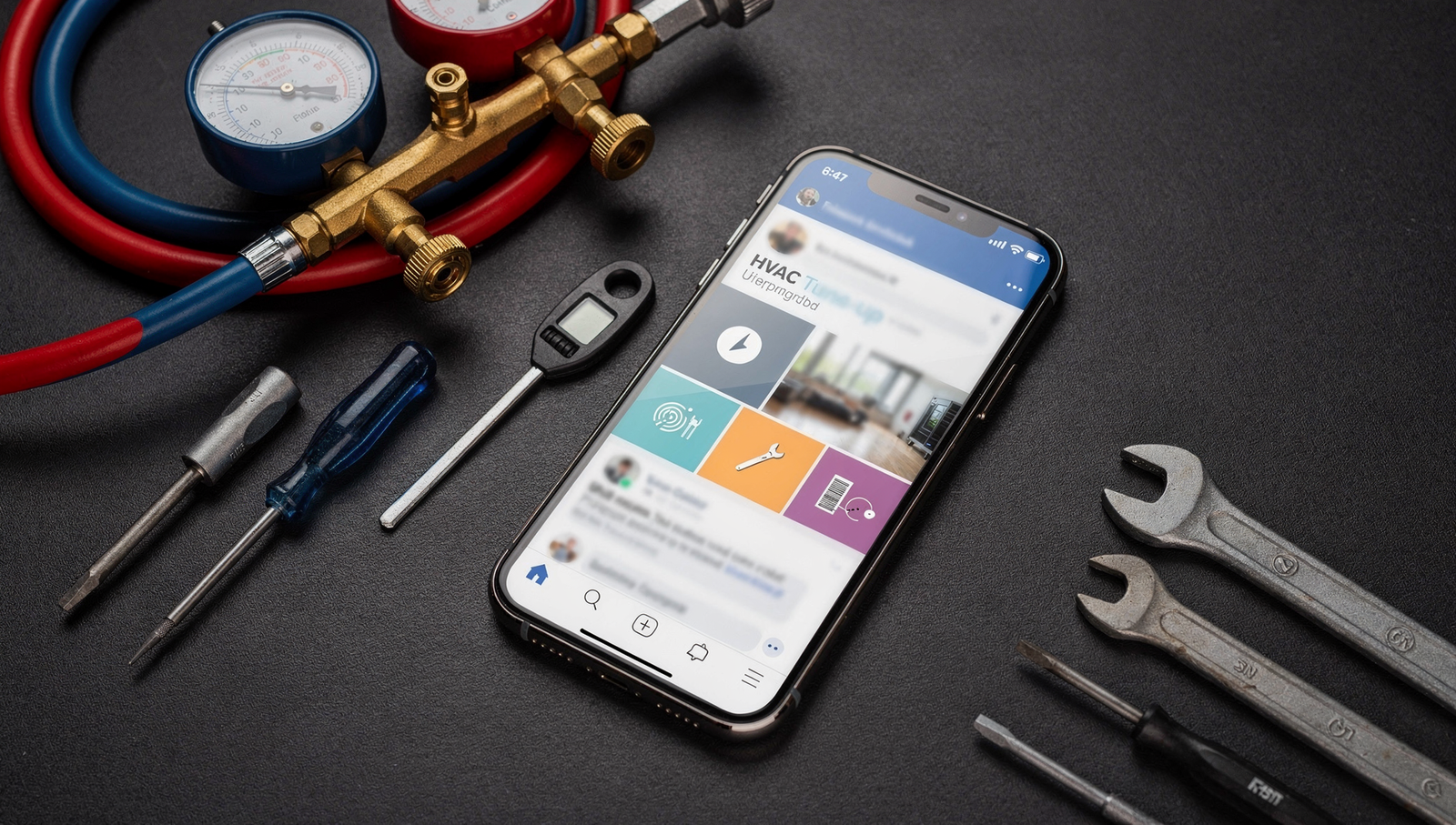 Smartphone displaying an HVAC Facebook ad next to tools
