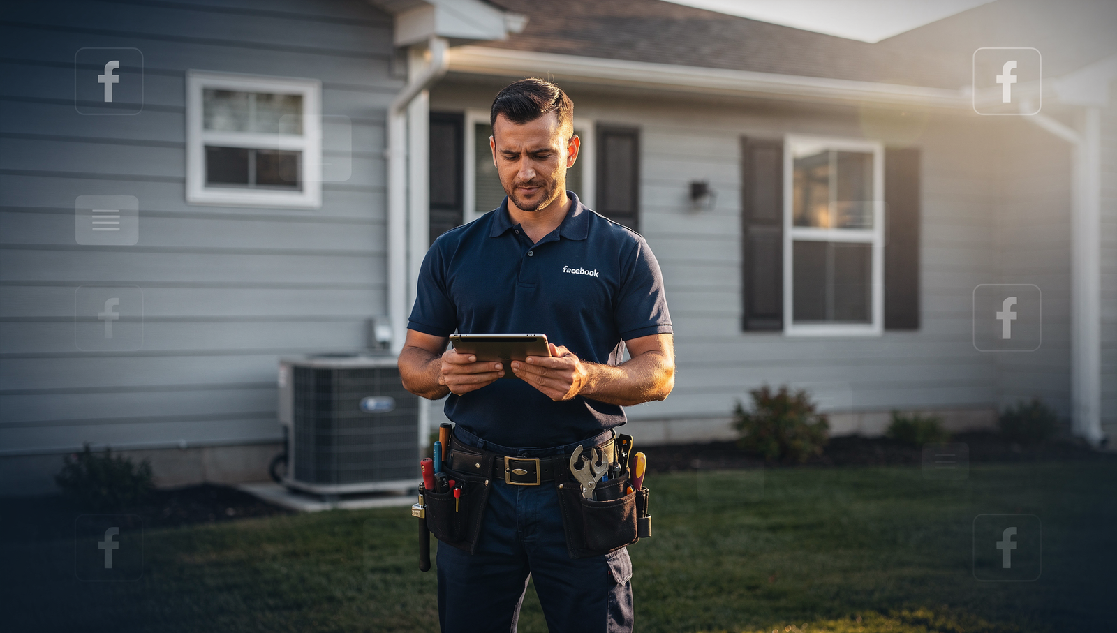 HVAC technician using a tablet with Facebook marketing theme