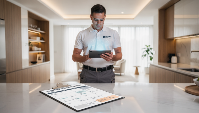 HVAC technician planning social media content ideas on a tablet