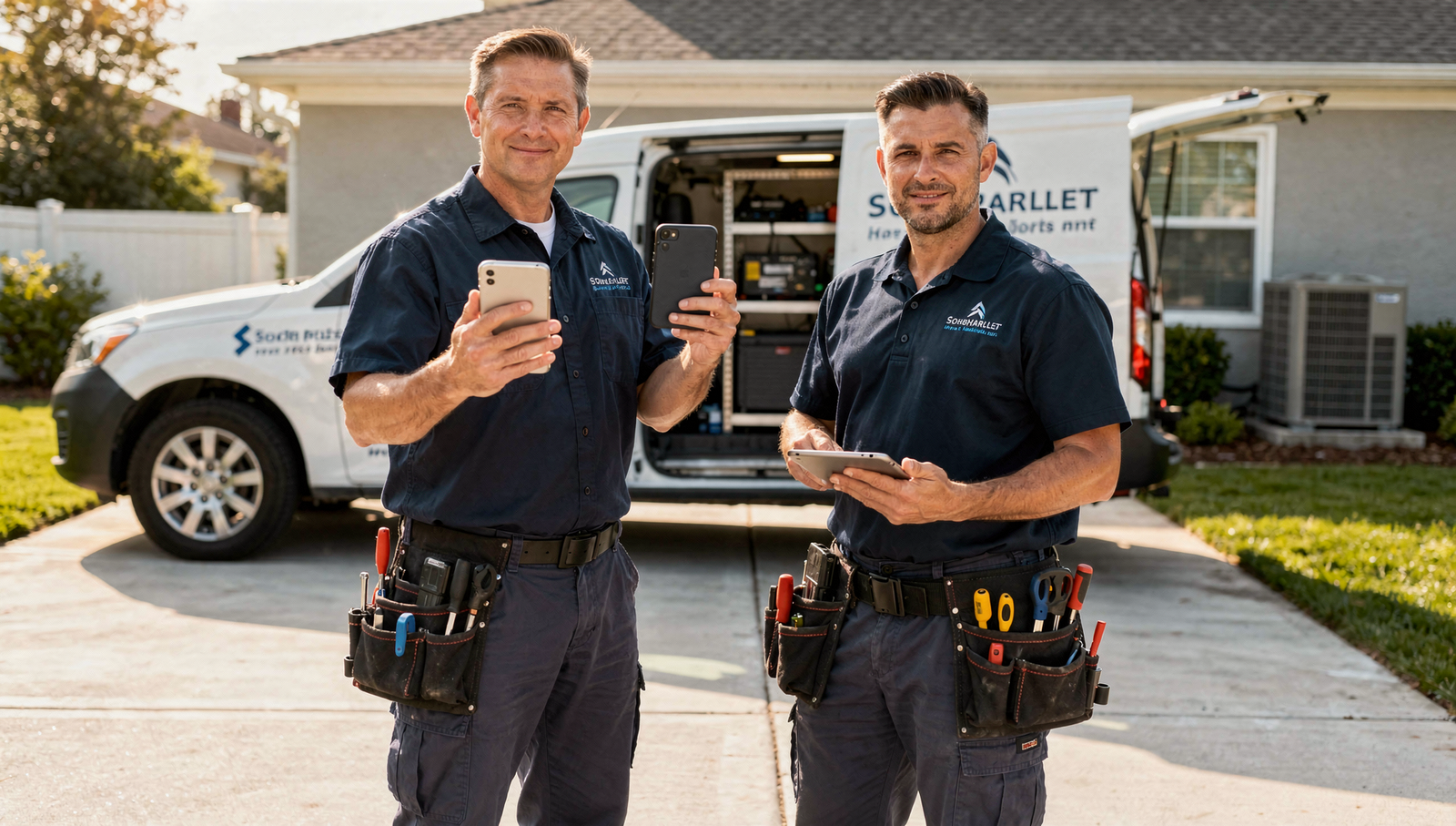 HVAC tech recording a helpful video tip beside a service van