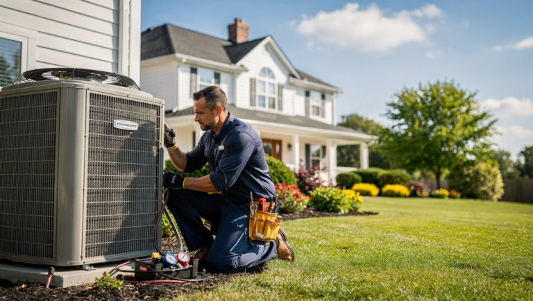 HVAC technician inspecting an outdoor AC unit at a suburban home