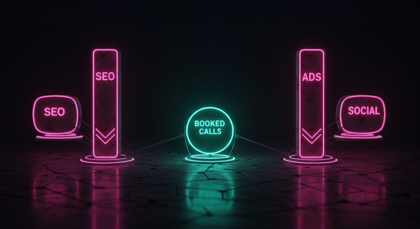 Diagram-style image of SEO, ads, and social combining to drive booked HVAC calls