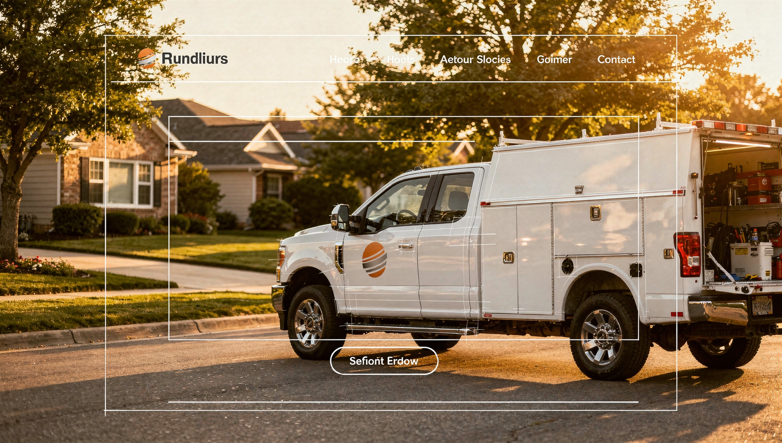 HVAC service brand concept with website wireframe and local neighborhood setting