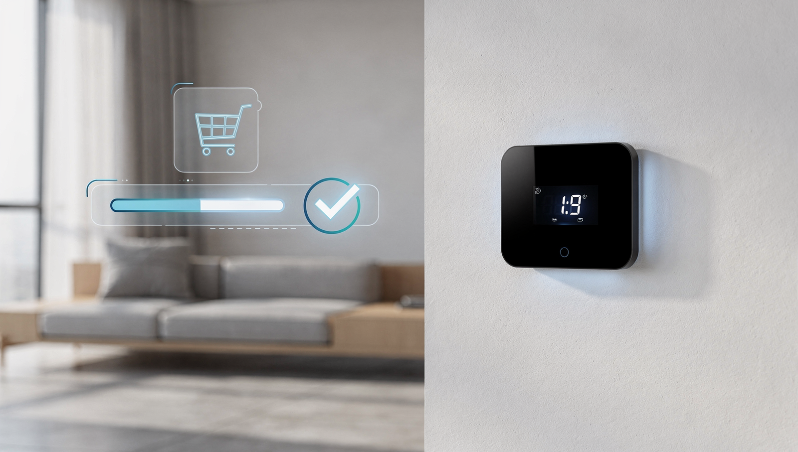 HVAC website conversion concept with thermostat and clean modern home background